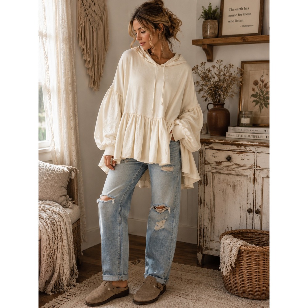 Aerie Ruffle Peplum Hoodie Womens L Cream Oversized Boho Lagenlook Babydoll